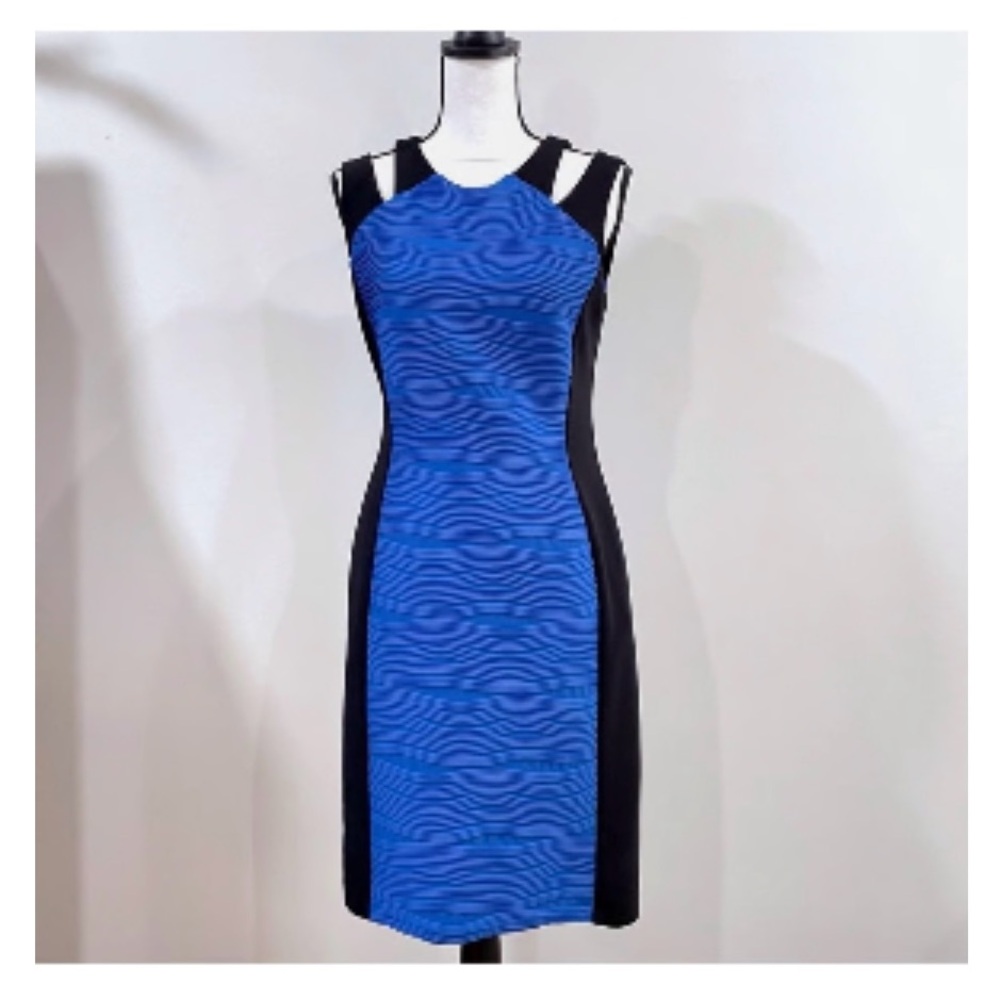 Joseph Ribkoff Color Block Split Shoulder Textured Pencil Dress Blue